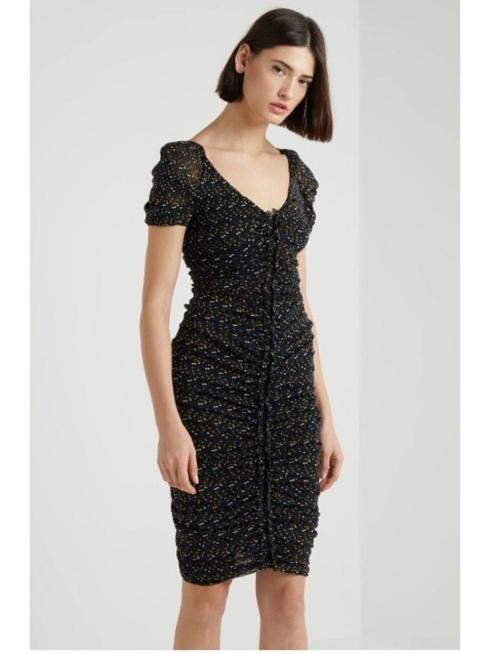 Diane Von Furstenberg Romana Ruched Dot Print V Neck Cocktail Dress Womens XS